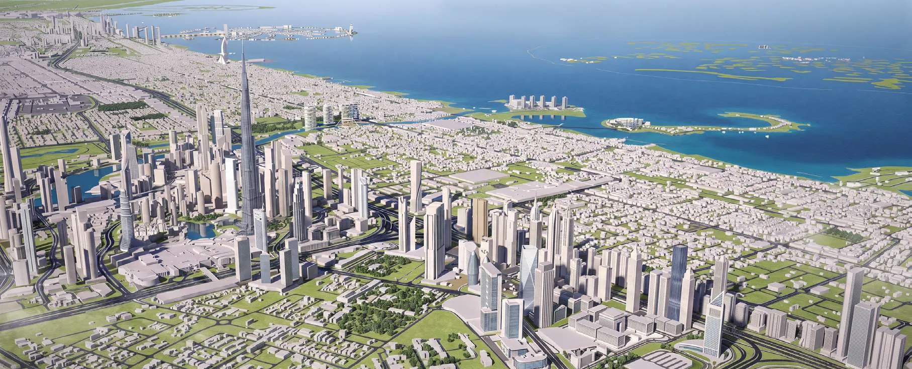 Aerial view of Dubai from Sheikh Zayed Road to the coast