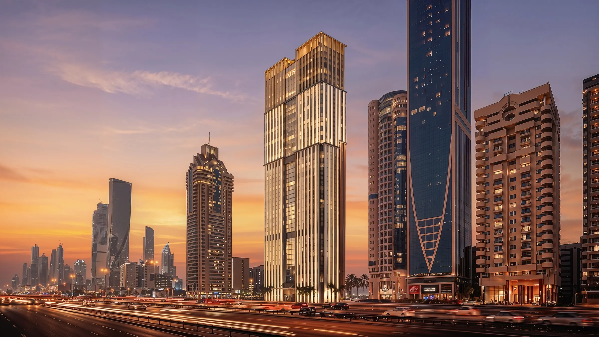 AHS Twin Towers rising above Sheikh Zayed Road at sunset