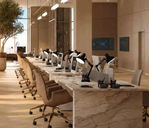 Individual Office workspace with long marble desk
