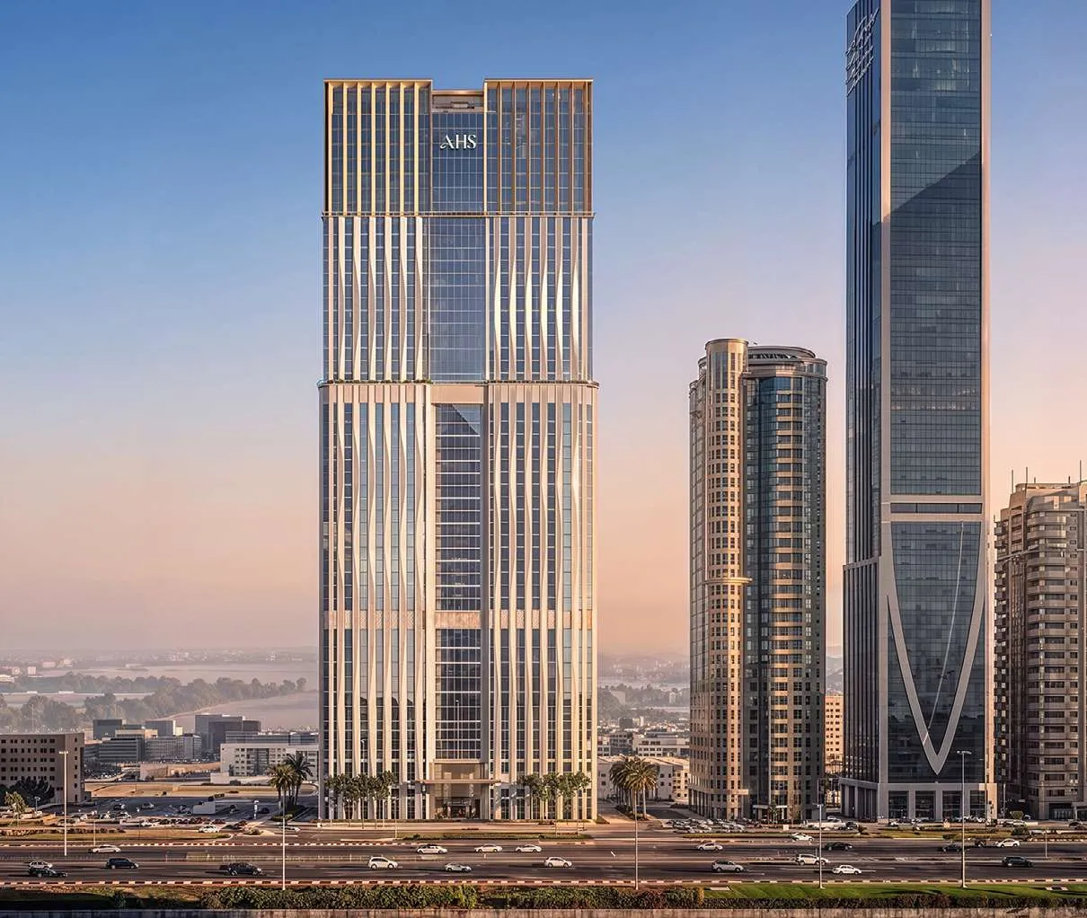 AHS Twin Towers on Sheikh Zayed Road at dusk
