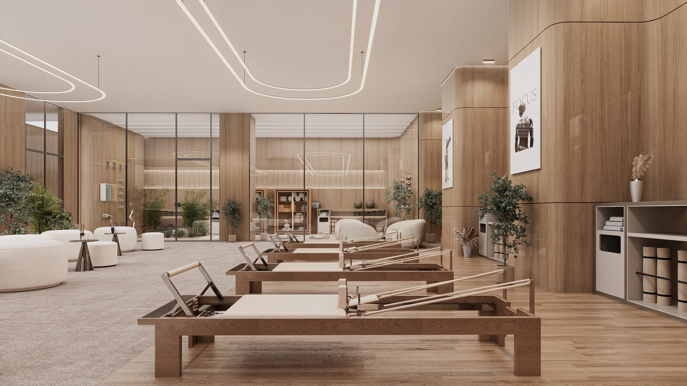 Pilates studio with a row of reformers